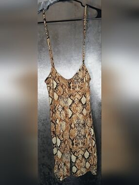 SHEIN Snake-Print Shorts Jumpsuit- Brown & Cream